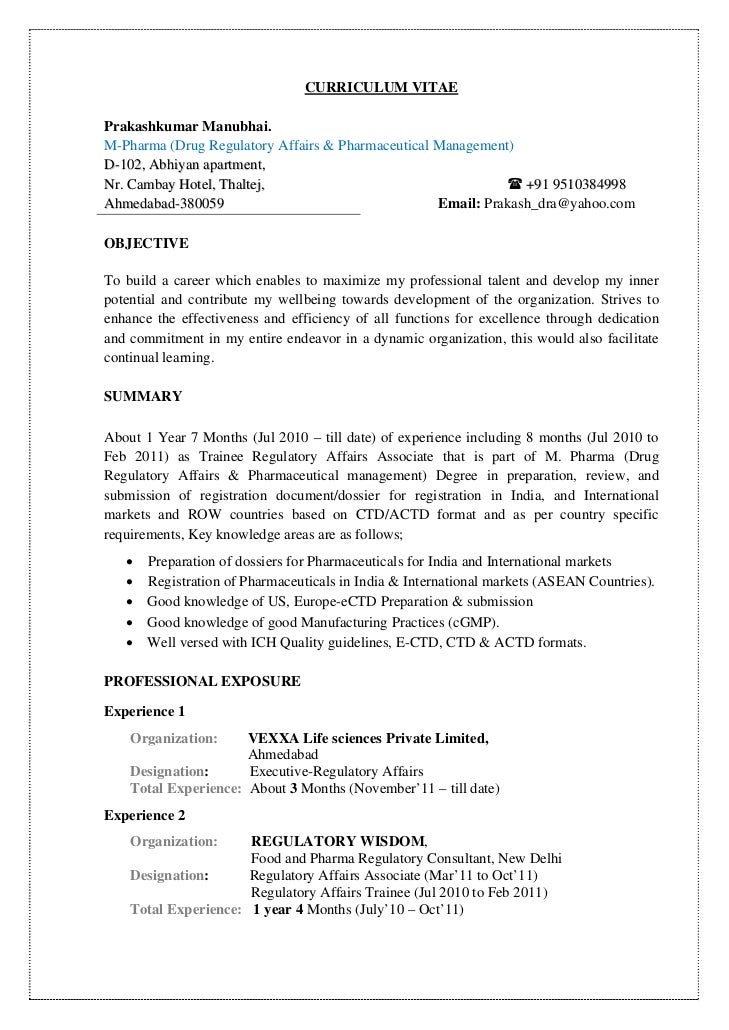 resume format for pharmaceutical industry