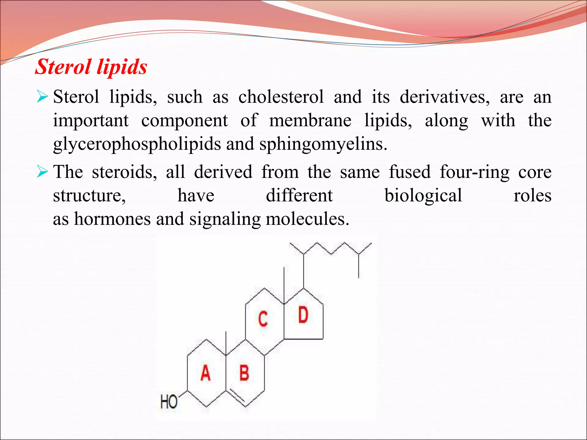 Sterol lipids
Sterol lipids, such as cholesterol and its derivatives, are an
important component of membrane lipids, along with the
glycerophospholipids and sphingomyelins.
The steroids, all derived from the same fused four-ring core
structure, have different biological roles
as hormones and signaling molecules.
 