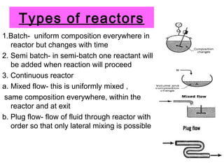 Types of reactors
1.Batch- uniform composition everywhere in
reactor but changes with time
2. Semi batch- in semi-batch one reactant will
be added when reaction will proceed
3. Continuous reactor
a. Mixed flow- this is uniformly mixed ,
same composition everywhere, within the
reactor and at exit
b. Plug flow- flow of fluid through reactor with
order so that only lateral mixing is possible
 