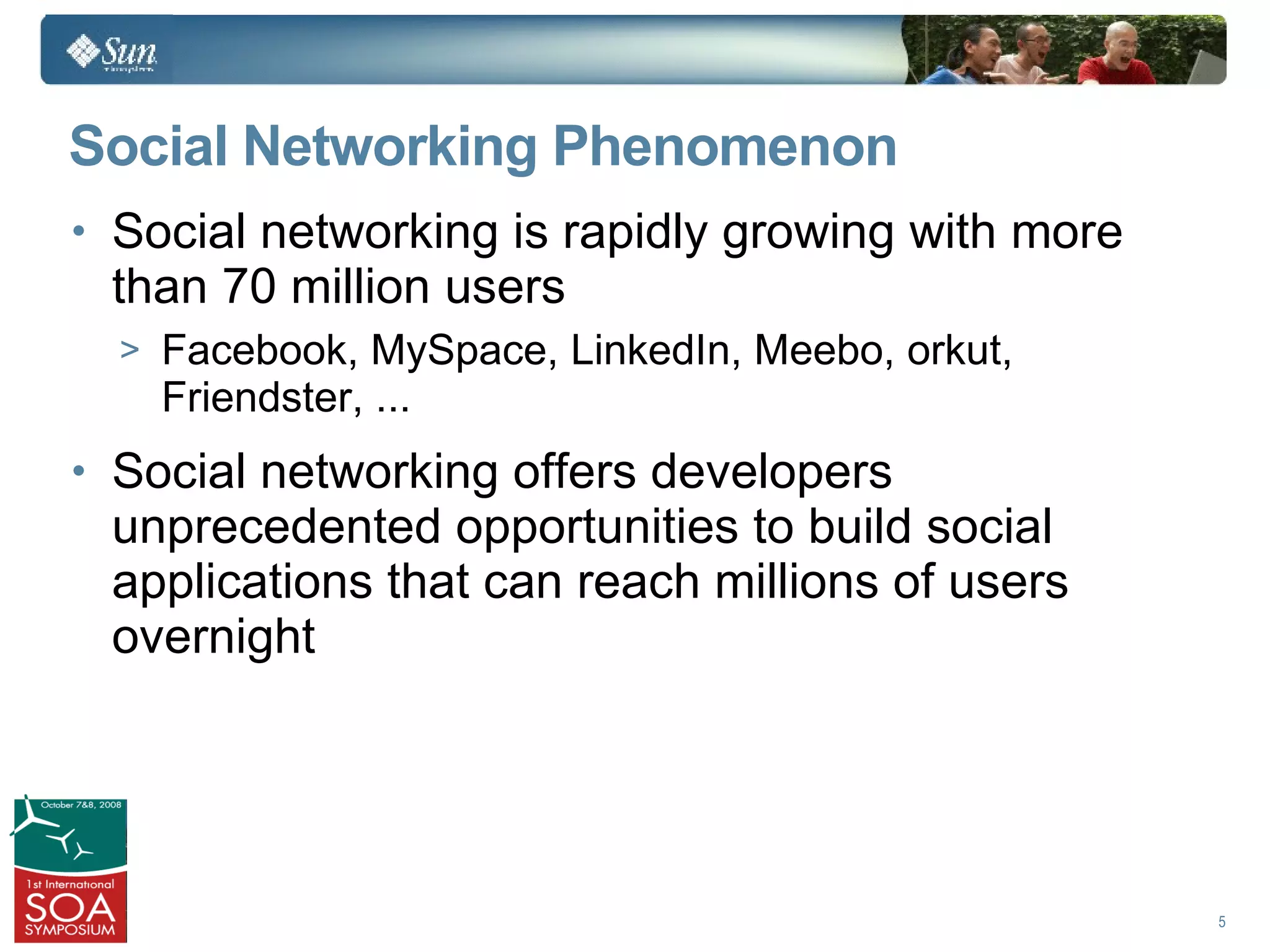 Social Networking Phenomenon
• Social networking is rapidly growing with more
 than 70 million users
  > Facebook, MySpace, LinkedIn, Meebo, orkut,
    Friendster, ...
• Social networking offers developers
 unprecedented opportunities to build social
 applications that can reach millions of users
 overnight




                                                   5
 