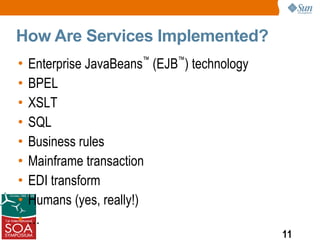 How Are Services Implemented?
•   Enterprise JavaBeans™ (EJB™) technology
•   BPEL
•   XSLT
•   SQL
•   Business rules
•   Mainframe transaction
•   EDI transform
•   Humans (yes, really!)
•   …
                                              11
 