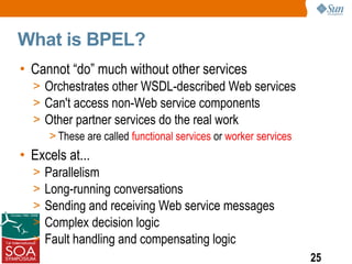 What is BPEL?
• Cannot “do” much without other services
  > Orchestrates other WSDL-described Web services
  > Can't access non-Web service components
  > Other partner services do the real work
     > These are called functional services or worker services
• Excels at...
  >   Parallelism
  >   Long-running conversations
  >   Sending and receiving Web service messages
  >   Complex decision logic
  >   Fault handling and compensating logic
                                                                 25
 