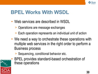BPEL Works With WSDL
• Web services are described in WSDL
  > Operations are message exchanges
  > Each operation represents an individual unit of action
• We need a way to orchestrate these operations with
  multiple web services in the right order to perform a
  Business process
  > Sequencing, conditional behavior etc.
• BPEL provides standard-based orchestration of
  these operations

                                                         30
 