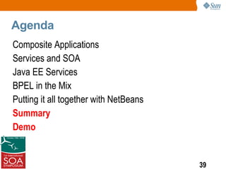 Agenda
Composite Applications
Services and SOA
Java EE Services
BPEL in the Mix
Putting it all together with NetBeans
Summary
Demo


                                        39
 