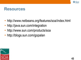 Resources

•   http://www.netbeans.org/features/soa/index.html
•   http://java.sun.com/integration
•   http://www.sun.com/products/soa
•   http://blogs.sun.com/gopalan




                                                      43
 