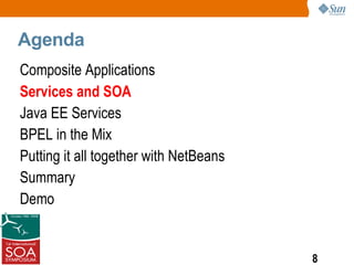 Agenda
Composite Applications
Services and SOA
Java EE Services
BPEL in the Mix
Putting it all together with NetBeans
Summary
Demo


                                        8
 