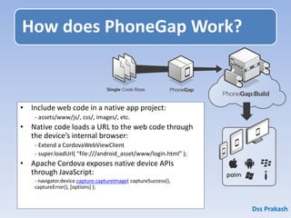 How does PhoneGap Work?
• Include web code in a native app project:
- assets/www/js/, css/, images/, etc.
• Native code loads a URL to the web code through
the device’s internal browser:
- Extend a CordovaWebViewClient
- super.loadUrl( “file:///android_asset/www/login.html” );
• Apache Cordova exposes native device APIs
through JavaScript:
- navigator.device.capture.captureImage( captureSuccess(),
captureError(), [options] );
Dss Prakash
 