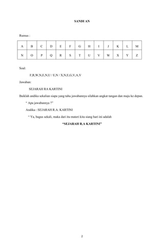 2
SANDI AN
Rumus :
A B C D E F G H I J K L M
N O P Q R S T U V W X Y Z
Soal:
F,R,W,N,E,N,U / E,N / X,N,E,G,V,A,V
Jawaban:
SEJARAH RA KARTINI
Baiklah andika sekalian siapa yang tahu jawabannya silahkan angkat tangan dan maju ke depan.
“ Apa jawabannya ?”
Andika : SEJARAH R.A. KARTINI
“ Ya, bagus sekali, maka dari itu materi kita siang hari ini adalah
“SEJARAH R.A KARTINI”
 