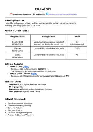 PRAKHAR GOEL     
itsprakharg07@gmail.com | prakharg07 | ​linkedin.com/in/prakhar-goel-40a86b19b 
 
Internship Objective:     
I would like to develop my software and data engineering skills and gain real-world experience  
Internship Availability - (June 2020 - July 2020) 
 
Academic Qualifications:  
 
Program/Course  College/School  CGPA 
​B.tech in C.S.E 
(2017 - 2021) 
Manav Rachna International Institute of 
Research and Studies, Faridabad, India 
7.3 
(till 4th semester) 
Class XII 
(2016 - 2017)  
Laxman Public School, New Delhi, India  79.6 % 
Class X 
(2014 - 2015) 
Laxman Public School, New Delhi, India  7.8 
 
Software Projects:  
● Snake 2D Game (​Github​) 
Developed a 2D snake game using ​OpenGl ​(C++). 
The game supported various features of the original game.  
● Text To Speech Converter (​Github​)  
Developed a text to speech converter using ​Javascript​ and ​WebSpeech API 
 
Technical Skills:  
Languages: ​C, C++, Python, html, css, JavaScript   
DB language: ​SQL 
Development tools: ​Sublime Text, CodeBlocks, Pycharm 
Basic Knowledge: ​OpenGl, JSON, C#, Git 
 
 
Relevant Coursework: 
 
● Data Structures And Algorithms  
● Object Oriented Programming 
● Computer Network 
● Operating System 
● Database Management System 
● Analysis And Design of Algorithms 
 
