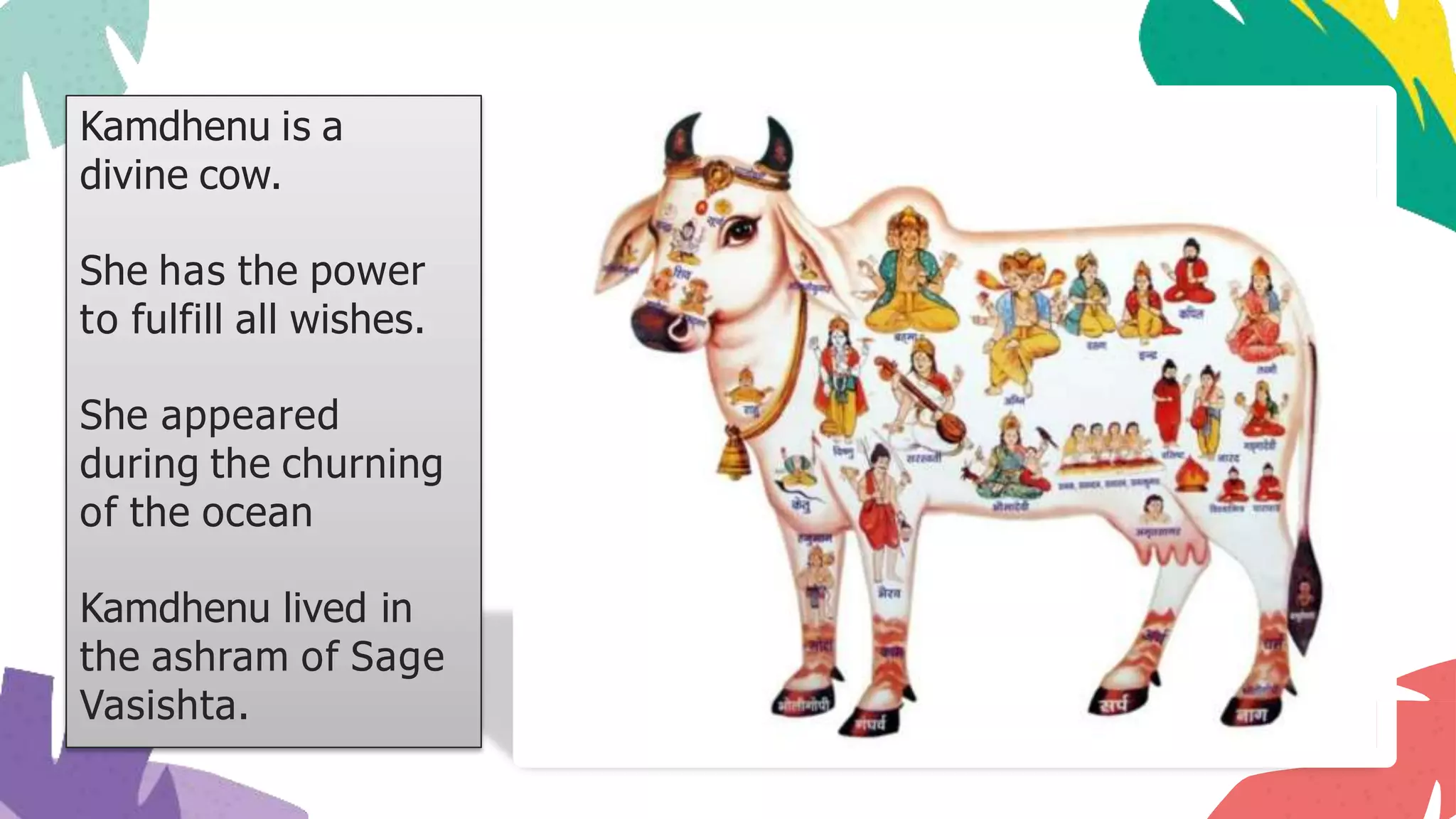 Kamdhenu is a
divine cow.
She has the power
to fulfill all wishes.
She appeared
during the churning
of the ocean
Kamdhenu lived in
the ashram of Sage
Vasishta.
 