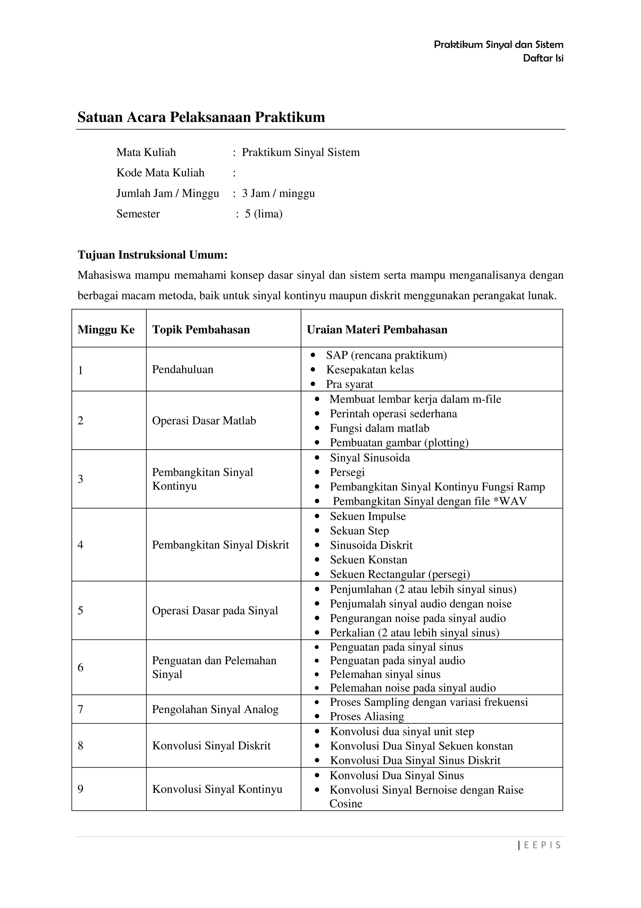 Praktikum Sinyal dan Sistem
Daftar Isi
| E E P I S
Satuan Acara Pelaksanaan Praktikum
Mata Kuliah : Praktikum Sinyal Sistem
Kode Mata Kuliah :
Jumlah Jam / Minggu : 3 Jam / minggu
Semester : 5 (lima)
Tujuan Instruksional Umum:
Mahasiswa mampu memahami konsep dasar sinyal dan sistem serta mampu menganalisanya dengan
berbagai macam metoda, baik untuk sinyal kontinyu maupun diskrit menggunakan perangakat lunak.
Minggu Ke Topik Pembahasan Uraian Materi Pembahasan
1 Pendahuluan
• SAP (rencana praktikum)
• Kesepakatan kelas
• Pra syarat
2 Operasi Dasar Matlab
• Membuat lembar kerja dalam m-file
• Perintah operasi sederhana
• Fungsi dalam matlab
• Pembuatan gambar (plotting)
3
Pembangkitan Sinyal
Kontinyu
• Sinyal Sinusoida
• Persegi
• Pembangkitan Sinyal Kontinyu Fungsi Ramp
• Pembangkitan Sinyal dengan file *WAV
4 Pembangkitan Sinyal Diskrit
• Sekuen Impulse
• Sekuan Step
• Sinusoida Diskrit
• Sekuen Konstan
• Sekuen Rectangular (persegi)
5 Operasi Dasar pada Sinyal
• Penjumlahan (2 atau lebih sinyal sinus)
• Penjumalah sinyal audio dengan noise
• Pengurangan noise pada sinyal audio
• Perkalian (2 atau lebih sinyal sinus)
6
Penguatan dan Pelemahan
Sinyal
• Penguatan pada sinyal sinus
• Penguatan pada sinyal audio
• Pelemahan sinyal sinus
• Pelemahan noise pada sinyal audio
7 Pengolahan Sinyal Analog
• Proses Sampling dengan variasi frekuensi
• Proses Aliasing
8 Konvolusi Sinyal Diskrit
• Konvolusi dua sinyal unit step
• Konvolusi Dua Sinyal Sekuen konstan
• Konvolusi Dua Sinyal Sinus Diskrit
9 Konvolusi Sinyal Kontinyu
• Konvolusi Dua Sinyal Sinus
• Konvolusi Sinyal Bernoise dengan Raise
Cosine
 