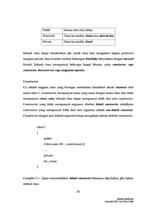 mfachrz@gmail.com
Copyright@PIK-Unsri Maret 2006
22
Public Semua class atau bebas
Protected Class itu sendiri, friend, atau derived class
Private Class itu sendiri, friend
Sebuah class dapat memberikan ijin untuk class lain mengakses bagian protected
maupun private class tersebut melalui hubungan friendship (dinyatakan dengan keyword
friend). Sebuah class mempunyai beberapa fungsi khusus, yaitu constructor, copy
constructor, destructor dan copy assignment operator.
Constructor
C() adalah anggota class yang bertugas melakukan inisialisasi obyek (instance) dari
suatu class C. Constructor mempunyai nama yang sama dengan nama class, dan tidak
mempunyai return value. Sebuah class dapat mempunyai lebih dari satu constructor.
Constructor yang tidak mempunyai argumen, disebut default constructor, sebaliknya
constructor yang mempunyai lebih dari satu argumen adalah non-default consructor.
Constructor dengan satu default argument tetap merupakan sebuah default constructor,
class C
{
public:
C(int count=10) : _count(count) {}
…
private:
int _count;
};
Compiler C++ dapat menambahkan default constructor bilamana diperlukan, jika dalam
definisi class
 