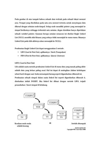 mfachrz@gmail.com
Copyright@PIK-Unsri Maret 2006
40
Pada gambar di atas tampak bahwa sebuah data terletak pada sebuah lokasi memori
area. Tempat yang disediakan pada satu area memori tertentu untuk menyimpan data
dikenal dengan sebutan node/simpul. Setiap node memiliki pointer yang menunjuk ke
simpul berikutnya sehingga terbentuk satu untaian, degan demikian hanya diperlukan
sebuah variabel pointer. Susunan berupa untaian semacam ini disebut Single Linked
List (NULL memilik nilai khusus yang artinya tidak menunjuk ke mana-mana. Biasanya
Linked List pada titik akhirnya akan menunjuk ke NULL).
Pembuatan Single Linked List dapat menggunakan 2 metode:
• LIFO (Last In First Out), aplikasinya : Stack (Tumpukan)
• FIFO (First In First Out), aplikasinya : Queue (Antrean)
LIFO ( Last In First Out)
Lifo adalah suatu metode pembuatan Linked List di mana data yang masuk paling akhir
adalah data yang keluar paling awal. Hal ini dapat di analogikan (dalam kehidupan
sehari-hari) dengan saat Anda menumpuk barang seperti digambarkan dibawah ini.
Pembuatan sebuah simpul dalam suatu linked list seperti digambarkan dibawah ii,
disebutkan istilah INSERT, Jika linked list dibuat dengan metode LIFO, terjadi
penambahan / Insert simpul di belakang.
TV TV TV TV
TV
COMPO
VCD
TV
COMPO
COMPO
Keadaan mula-mula
adalah kosong
Setelah ditumpuk
VCD
 