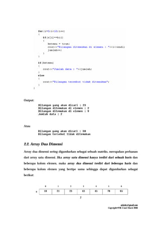 mfachrz@gmail.com
Copyright@PIK-Unsri Maret 2006
7
Output:
Atau
2.2. Array Dua Dimensi
Array dua dimensi sering digambarkan sebagai sebuah matriks, merupakan perluasan
dari array satu dimensi. Jika array satu dimensi hanya terdiri dari sebuah baris dan
beberapa kolom elemen, maka array dua dimensi terdiri dari beberapa baris dan
beberapa kolom elemen yang bertipe sama sehingga dapat digambarkan sebagai
berikut:
0 1 2 3 4 5 6
0 10 21 23 43 45 78 65
 