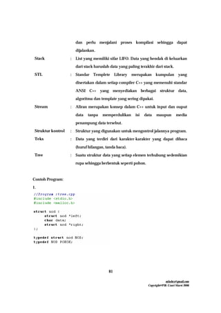 mfachrz@gmail.com
Copyright@PIK-Unsri Maret 2006
81
dan perlu menjalani proses kompilasi sehingga dapat
dijalankan.
Stack : List yang memiliki sifar LIFO. Data yang hendak di keluarkan
dari stack haruslah data yang paling terakhir dari stack.
STL : Standar Templete Library merupakan kumpulan yang
disertakan dalam setiap compiler C++ yang memenuhi standar
ANSI C++ yang menyediakan berbagai struktur data,
algoritma dan template yang sering dipakai.
Stream : Aliran merupakan konsep dalam C++ untuk input dan ouput
data tanpa memperdulikan isi data maupun media
penampung data tersebut.
Struktur kontrol : Struktur yang digunakan untuk mengontrol jalannya program.
Teks : Data yang terdiri dari karakter-karakter yang dapat dibaca
(huruf bilangan, tanda baca).
Tree : Suatu struktur data yang setiap elemen terhubung sedemikian
rupa sehingga berbentuk seperti pohon.
Contoh Program:
1.
 