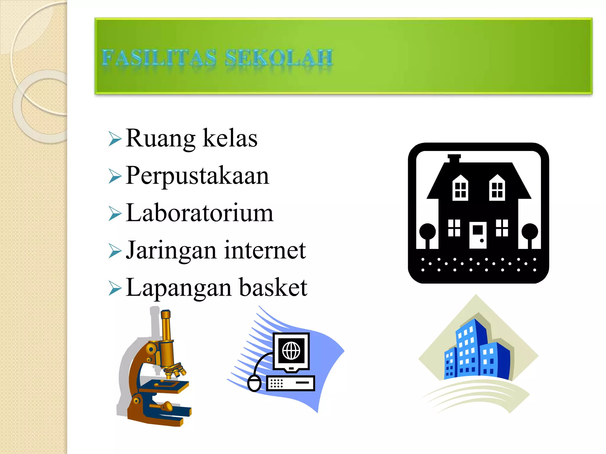 Ruang kelas
Perpustakaan
Laboratorium
Jaringan internet
Lapangan basket