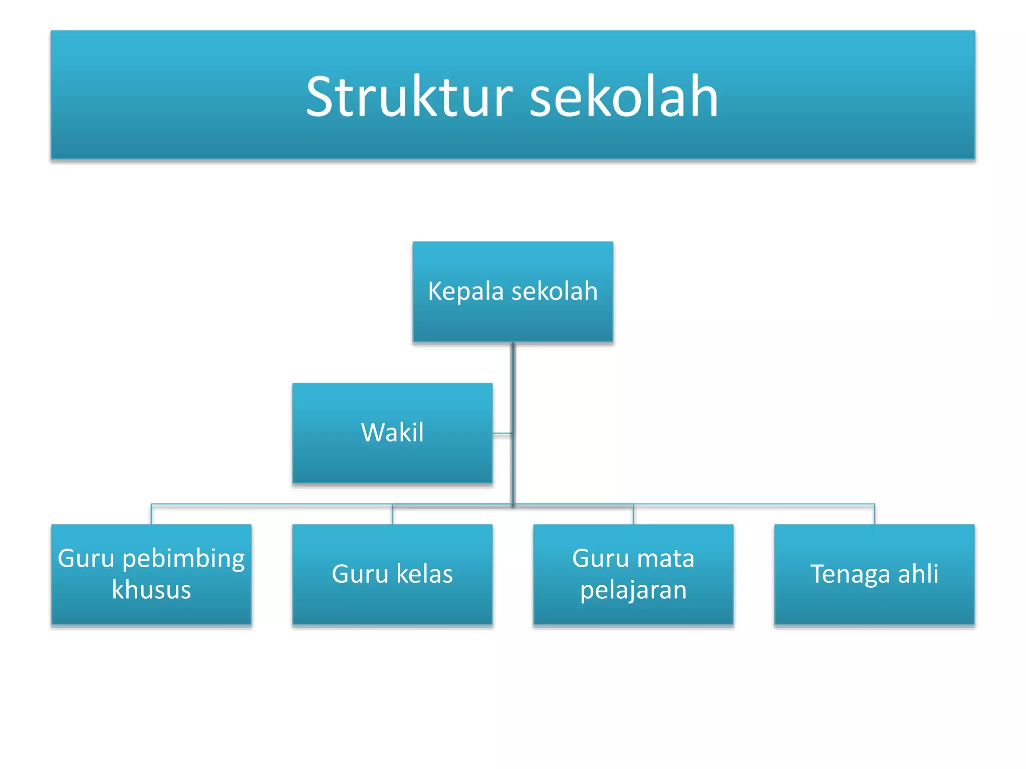Struktur sekolah
Kepala sekolah
Guru pebimbing
khusus
Guru kelas
Guru mata
pelajaran
Tenaga ahli
Wakil
 