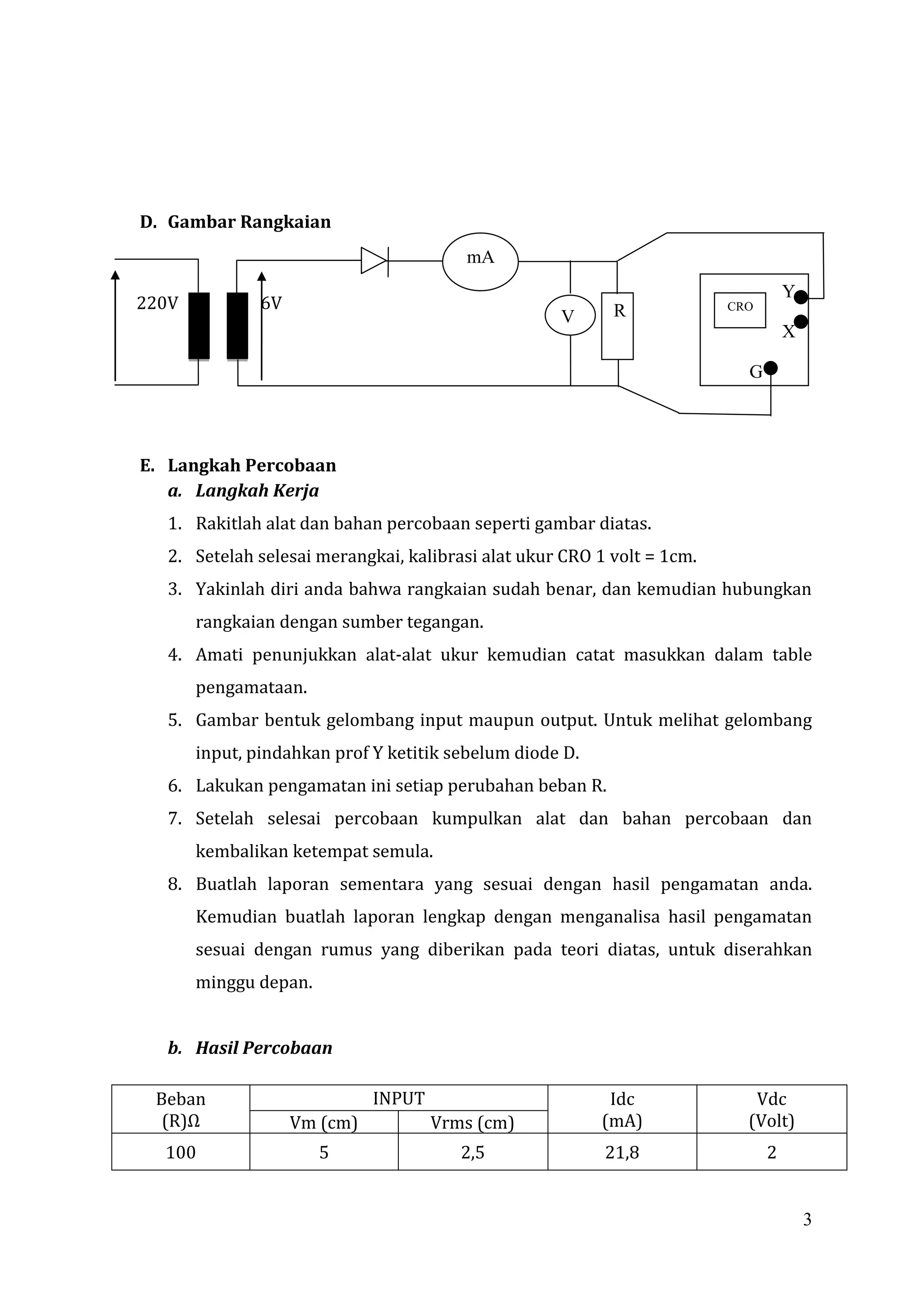 D. Gambar Rangkaian
                                         mA
                                                                                  Y
220V           6V                                          R            CRO
                                                    V
                                                                                  X

                                                                          G




E. Langkah Percobaan
   a. Langkah Kerja
  1. Rakitlah alat dan bahan percobaan seperti gambar diatas.
  2. Setelah selesai merangkai, kalibrasi alat ukur CRO 1 volt = 1cm.
  3. Yakinlah diri anda bahwa rangkaian sudah benar, dan kemudian hubungkan
       rangkaian dengan sumber tegangan.
  4. Amati penunjukkan alat-alat ukur kemudian catat masukkan dalam table
       pengamataan.
  5. Gambar bentuk gelombang input maupun output. Untuk melihat gelombang
       input, pindahkan prof Y ketitik sebelum diode D.
  6. Lakukan pengamatan ini setiap perubahan beban R.
  7. Setelah selesai percobaan kumpulkan alat dan bahan percobaan dan
       kembalikan ketempat semula.
  8. Buatlah laporan sementara yang sesuai dengan hasil pengamatan anda.
       Kemudian buatlah laporan lengkap dengan menganalisa hasil pengamatan
       sesuai dengan rumus yang diberikan pada teori diatas, untuk diserahkan
       minggu depan.


  b. Hasil Percobaan

 Beban                        INPUT                        Idc             Vdc
  (R)Ω              Vm (cm)           Vrms (cm)           (mA)            (Volt)
  100                  5                 2,5              21,8                2


                                                                                      3
 