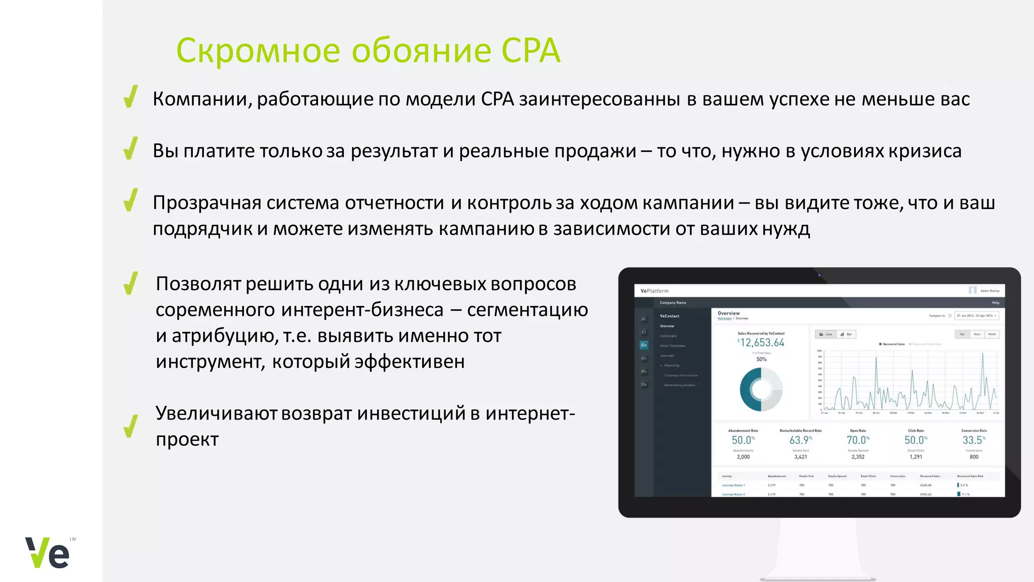 Компании, работающие по модели CPA заинтересованны в вашем успехе не меньше вас
Вы платите толькоза результат и реальные продажи – то что, нужно в условиях кризиса
Прозрачная система отчетности и контроль за ходом кампании – вы видите тоже, что и ваш
подрядчик и можете изменять кампаниюв зависимости от ваших нужд
Скромное обояние CPA
Позволят решить одни из ключевых вопросов
соременного интерент-бизнеса – сегментацию
и атрибуцию, т.е. выявить именно тот
инструмент, который эффективен
Увеличиваютвозврат инвестиций в интернет-
проект
 