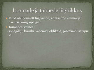 ? Muld oli loomselt liigivaene, kohtasime vihma- ja
  naelussi ning sipelgaid
? Taimedest esines
  s?najalgu, kuuski, vahtraid, oblikaid, pihlakaid, sarapu
  id
 
