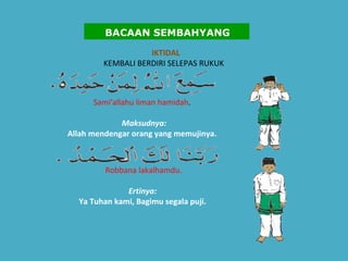 IKTIDAL  KEMBALI BERDIRI SELEPAS RUKUK      Sami'allahu liman hamidah .    Maksudnya:   Allah mendengar orang yang memujinya. Robbana lakalhamdu. Ertinya:   Ya Tuhan kami, Bagimu segala puji.    BACAAN SEMBAHYANG 