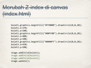 Merubah Z-index di canvas
(index.html)
bulat1.graphics.beginFill("#FF0000").drawCircle(0,0,20);
bulat1.x=370;
bulat1.y=100;
bulat2.graphics.beginFill("#00FF00").drawCircle(0,0,20);
bulat2.x=400;
bulat2.y=100;
bulat3.graphics.beginFill("#0000FF").drawCircle(0,0,20);
bulat3.x=430;
bulat3.y=100;
stage.addChild(bulat1);
stage.addChild(bulat3);
stage.addChild(bulat2);
stage.update();

 