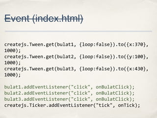 Event (index.html)
createjs.Tween.get(bulat1, {loop:false}).to({x:370},
1000);
createjs.Tween.get(bulat2, {loop:false}).to({y:100},
1000);
createjs.Tween.get(bulat3, {loop:false}).to({x:430},
1000);
bulat1.addEventListener("click", onBulatClick);
bulat2.addEventListener("click", onBulatClick);
bulat3.addEventListener("click", onBulatClick);
createjs.Ticker.addEventListener("tick", onTick);

 