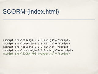 SCORM (index.html)

<script
<script
<script
<script
<script

src="easeljs-0.7.0.min.js"></script>
src="tweenjs-0.5.0.min.js"></script>
src="soundjs-0.5.0.min.js"></script>
src="preloadjs-0.4.0.min.js"></script>
src="SCORM_API_wrapper.js"></script>

 