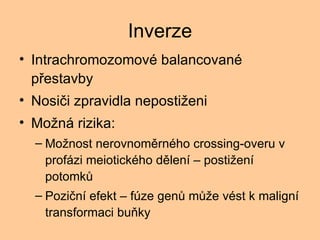 Inverze Intrachromozomov balancovan p?estavby Nosi?i zpravidla neposti?eni Mo?n rizika: Mo?nost nerovnomrnho crossing-overu v profzi meiotickho dlen C posti?en potomk? Pozi?n efekt C fze gen? m??e vst k malign transformaci buky 