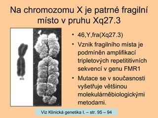 Na chromozomu X je patrn fragiln msto v pruhu Xq27.3 46,Y,fra(Xq27.3) Vznik fragilnho msta je podmnn amplifikac tripletov?ch repetititivnch sekvenc v genu FMR1 Mutace se v sou?asnosti vy?et?uje vt?inou molekulrnbiologick?mi metodami. Viz Klinick genetika I. C str. 95 C 94 