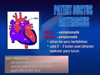 • KECILKECIL - asimptomatik- asimptomatik
• BESARBESAR - simptomatik- simptomatik
 aliran ke paru berlebihan
 usia 2 – 3 bulan saat tahanan
vaskuler paru turun
BAYI PREMATURBAYI PREMATUR
otot polos vaskuler paru belum sempurnaotot polos vaskuler paru belum sempurna
tahanan vaskuler turun lebih cepattahanan vaskuler turun lebih cepat
gagal jantung lebih awalgagal jantung lebih awal
 