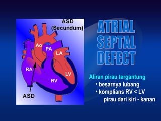 Aliran pirau tergantung
• besarnya lubang
• komplians RV < LV
pirau dari kiri - kanan
 
