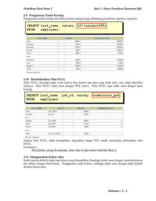 Praktikum Basis Data 2 Bab 2 : Dasar Penulisan Statement SQL
Halaman : 2 - 2
2.9. Penggunaan Tanda Kurung
Penggunaan tanda kurung memiliki prioritas paling tinggi dibanding presedensi operator yang lain.
2.10. Mendefinisikan Nilai NULL
Nilai NULL (kosong) pada suatu kolom bisa berarti ada data yang tidak diisi, atau tidak diketahui
nilainya. Nilai NULL tidak sama dengan NOL (zero). Nilai NULL juga tidak sama dengan spasi
kosong.
Supaya nilai NULL tidak ditampilkan, digunakan fungsi NVL untuk memeriksa keberadaan nilai
NULL.
Formatnya :
NVL(kolom yang di-evaluasi, diisi nilai ini jika kolom bernilai NULL)
2.11. Menggunakan Kolom Alias
Judul (secara default) pada tiap kolom yang ditampilkan (heading) selalu sama dengan nama kolomnya
dan ditulis dengan hutuf besar. Penggantian judul kolom, sehingga tidak sama dengan judul default
disebut kolom alias.
 