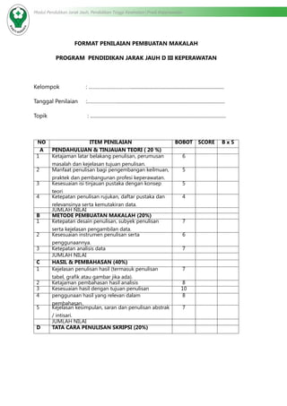 Modul Pendidikan Jarak Jauh, Pendidikan Tinggi Kesehatan Prodi Keperawatan
FORMAT PENILAIAN PEMBUATAN MAKALAH
PROGRAM PENDIDIKAN JARAK JAUH D III KEPERAWATAN
Kelompok		 : …………………………..........................................................................
Tanggal Penilaian	 :…………………......................................................................................
Topik			 : ............................................................................................................
NO ITEM PENILAIAN BOBOT SCORE B x S
A PENDAHULUAN & TINJAUAN TEORI ( 20 %)
1 Ketajaman latar belakang penulisan, perumusan
masalah dan kejelasan tujuan penulisan.
6
2 Manfaat penulisan bagi pengembangan keilmuan,
praktek dan pembangunan profesi keperawatan.
5
3 Kesesuaian isi tinjauan pustaka dengan konsep
teori
5
4 Ketepatan penulisan rujukan, daftar pustaka dan
relevansinya serta kemutakiran data.
4
JUMLAH NILAI
B METODE PEMBUATAN MAKALAH (20%)
1 Ketepatan desain penulisan, subyek penulisan
serta kejelasan pengambilan data.
7
2 Kesesuaian instrumen penulisan serta
penggunaannya.
6
3 Ketepatan analisis data 7
JUMLAH NILAI
C HASIL & PEMBAHASAN (40%)
1 Kejelasan penulisan hasil (termasuk penulisan
tabel, grafik atau gambar jika ada).
7
2 Ketajaman pembahasan hasil analisis 8
3 Kesesuaian hasil dengan tujuan penulisan 10
4 penggunaan hasil yang relevan dalam
pembahasan.
8
5 Kejelasan kesimpulan, saran dan penulisan abstrak
/ intisari.
7
JUMLAH NILAI
D TATA CARA PENULISAN SKRIPSI (20%)
 