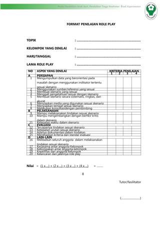 Modul Pendidikan Jarak Jauh, Pendidikan Tinggi Kesehatan Prodi Keperawatan
FORMAT PENILAIAN ROLE PLAY
TOPIK					: .........................................................................
KELOMPOK YANG DINILAI	 : .........................................................................
HARI/TANGGAL			: .........................................................................
LAMA ROLE PLAY			 : .........................................................................
NO ASPEK YANG DINILAI KRITERIA PENILAIAN
1 2 3 4
A PERSIAPAN
1 Mengumpulkan data yang berorientasi pada
masalah dengan menggunakan indikator tertentu
sesuai skenario
2 Menggunakan sumber/referensi yang sesuai
3 Membuat skenario yang sesuai
4 Menggali pengetahuan sesuai dengan skenario
5 Membuat skenario secara sistematis, ringkas, dan
akurat
6 Menyiapkan media yang digunakan sesuai skenario
7 Menyiapkan tempat sesuai skenario
8 Melakukan konsultasidengan pembimbing
B PELAKSANAAN
9 Mampu melaksanakan tindakan sesuai skenario
10 Mampu mengembangkan dengan berfikir kritis
dalam skenario
11 Ketepatan waktu dalam skenario
C EVALUASI
12 Tercapainya tindakan sesuai skenario
13 Ketepatan urutan sesuai skenario
14 Adanya dokumentasi dalam tindakan
15 Menetapkan kriteria dan standar evaluasi
D LAIN-LAIN
16 Melibatkan seluruh anggota dalam melaksanakan
tindakan sesuai skenario
17 Kerjasama antar anggota Kelompok
18 Kekompakan antar anggota kelompok
19 Kreatifitas dari anggota kelompok
20 Kelancaran dari jalannya role play
Nilai 	 = (1 x ...) + (2 x ...) + (3 x ...) + (4 x ...) = .........
	 	 8
Tutor/fasilitator
(...........................)
 