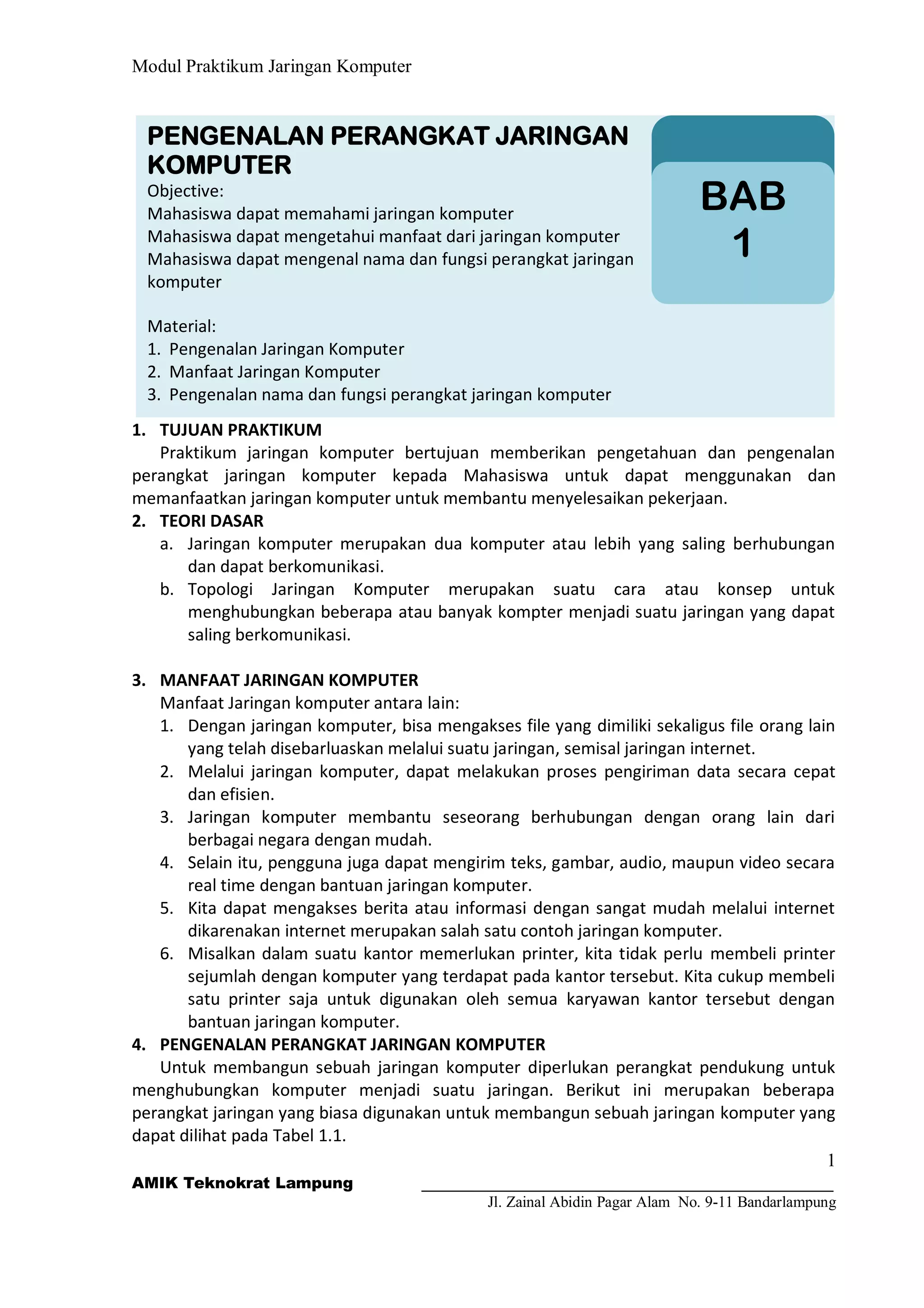Praktikum 1 pengenalan peralatan jaringan komputer | PDF