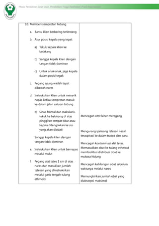 Modul Pendidikan Jarak Jauh, Pendidikan Tinggi Kesehatan Prodi Keperawatan
10.	Memberi semprotan hidung.
a.	 Bantu klien berbaring terlentang
b.	 Atur posisi kepala yang tepat:
a)	 Tekuk kepala klien ke
belakang
b)	 Sangga kepala klien dengan
tangan tidak dominan
c)	 Untuk anak-anak, jaga kepala
dalam posisi tegak
c.	 Pegang ujung wadah tepat
dibawah nares
d.	 Instruksikan klien untuk menarik
napas ketika semprotan masuk
ke dalam jalan saluran hidung
b)	 Sinus frontal dan maksilaris-
tekuk ke belakang di atas
pinggiran tempat tidur atau
kepala ditengokkan ke sisi
yang akan diobati
Sangga kepala klien dengan
tangan tidak dominan
e.	 Instruksikan klien untuk bernapas
melalui mulut
f.	 Pegang alat tetes 1 cm di atas
nares dan masukkan jumlah
tetesan yang diinstruksikan
melalui garis tengah tulang
ethmoid.
Mencegah otot leher meregang
Mengurangi peluang tetesan nasal
teraspirasi ke dalam trakea dan paru.
Mencegah kontaminasi alat tetes.
Memasukkan obat ke tulang ethmoid
memfasilitasi distribusi obat ke
mukosa hidung
Mencegah kehilangan obat sebelum
waktunya melalui nares
Memungkinkan jumlah obat yang
diabsorpsi maksimal
 