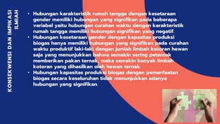 KONSEKWENSIDANIMPIKASI
ILMIAH
• Hubungan karakteristik rumah tangga dengan kesetaraan
gender memiliki hubungan yang signifikan pada beberapa
variabel yaitu hubungan curahan waktu dengan karakteristik
rumah tangga memiliki hubungan signifikan yang negatif.
• Hubungan kesetaraan gender dengan kapasitas produksi
biogas hanya memiliki hubungan yang signifikan pada curahan
waktu produktif laki-laki dengan jumlah limbah kotoran hewan
saja yang menunjukkan bahwa semakin sering peternak
memberikan pakan ternak, maka semakin banyak limbah
kotoran yang dihasilkan oleh hewan ternak.
• Hubungan kapasitas produksi biogas dengan pemanfaatan
biogas secara keseluruhan tidak menunjukkan adanya
hubungan yang signifikan.
 
