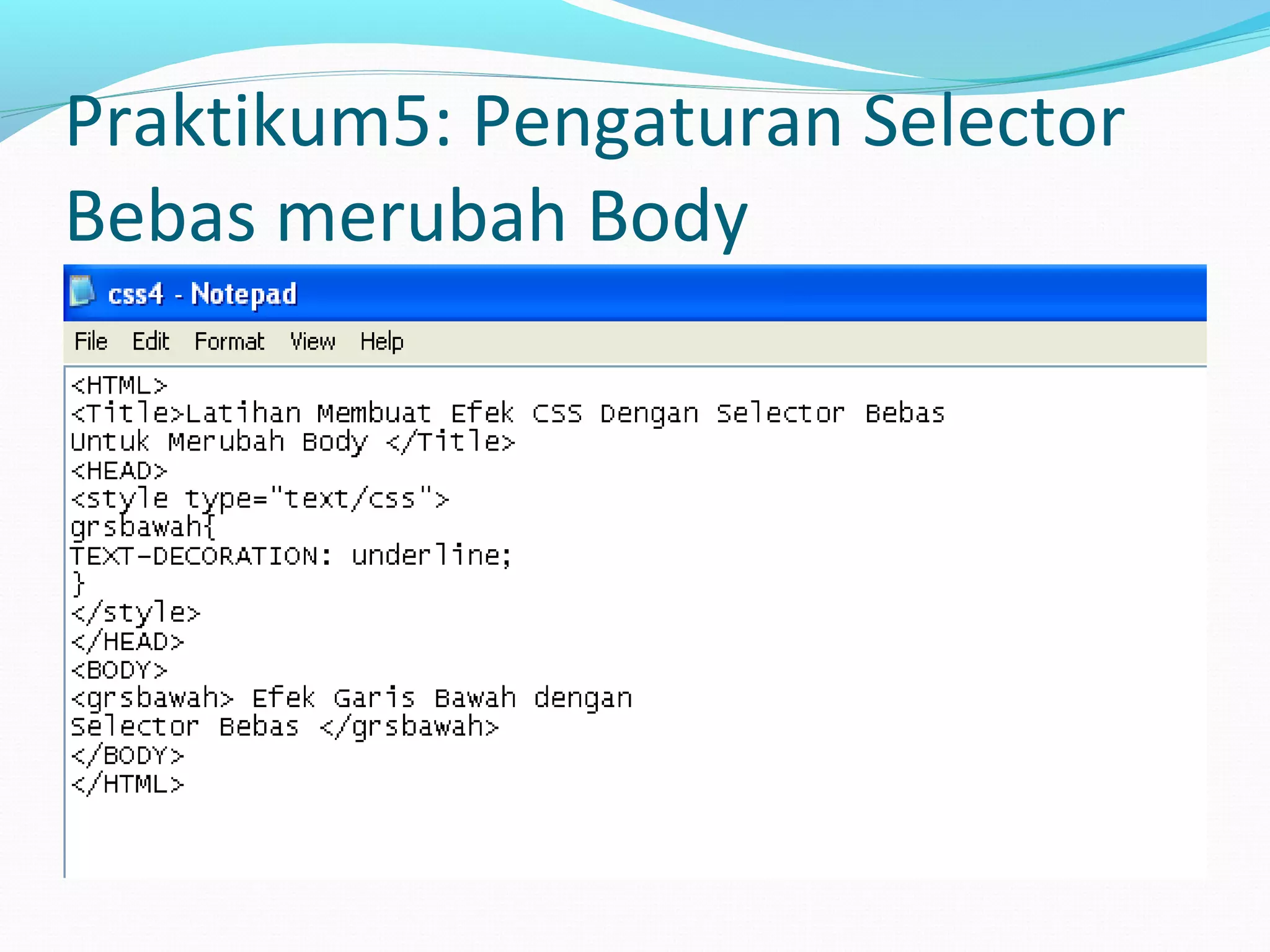 Praktikum5: Pengaturan Selector
Bebas merubah Body
 