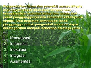 Pengendalian hama dan penyakit secara bilogis
atau hayati dapat dilakukan dengan cara
menggunakan makhluk hidup lain selain dari
jasad pengganggunya dan tanaman budidaya itu
sendiri. Dari kegiatan pemakaian jasad
pengganggu untuk pengendali tersebut dapat
dikatagorikan menjadi beberapa strategi yaitu :


1)   Konservasi
2)   Introduksi
3)   Inokulasi
4)   Integrasi
5)   Augmentasi
 