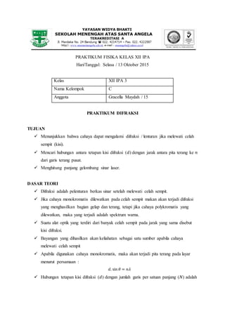 PRAKTIKUM FISIKA KELAS XII IPA
Hari/Tanggal: Selasa / 13 Oktober 2015
Kelas XII IPA 3
Nama Kelompok C
Anggota Gracella Maydah / 15
PRAKTIKUM DIFRAKSI
TUJUAN
 Menunjukkan bahwa cahaya dapat mengalami difraksi / lenturan jika melewati celah
sempit (kisi).
 Mencari hubungan antara tetapan kisi difraksi (𝑑) dengan jarak antara pita terang ke 𝑛
dari garis terang pusat.
 Menghitung panjang gelombang sinar laser.
DASAR TEORI
 Difraksi adalah pelenturan berkas sinar setelah melewati celah sempit.
 Jika cahaya monokromatis dilewatkan pada celah sempit makan akan terjadi difraksi
yang menghasilkan bagian gelap dan terang, tetapi jika cahaya polykromatis yang
dilewatkan, maka yang terjadi adalah spektrum warna.
 Suatu alat optik yang terdiri dari banyak celah sempit pada jarak yang sama disebut
kisi difraksi.
 Bayangan yang dihasilkan akan keliahatan sebagai satu sumber apabila cahaya
melewati celah sempit
 Apabila digunakan cahaya monokromatis, maka akan terjadi pita terang pada layar
menurut persamaan :
𝑑. sin 𝜃 = 𝑛𝜆
 Hubungan tetapan kisi difraksi (𝑑) dengan jumlah garis per satuan panjang (𝑁) adalah
 