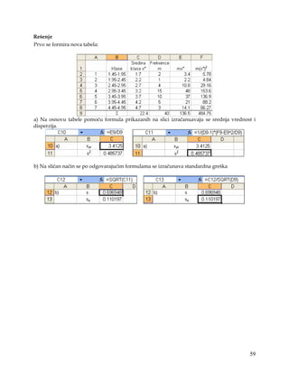 Rešenje
Prvo se formira nova tabela:




a) Na osnovu tabele pomoću formula prikazanih na slici izračanuavaju se srednja vrednost i
disperzija.




b) Na sličan način se po odgovarajućim formulama se izračunava standardna greška




                                                                                       59
 