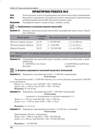 Розділ ІІ. Земля на плані та карті 
ПРАКТИЧНА РОБОТА№3 
Тема. Розв’язування задач по переведенню числового масштабу в іменований. 
Мета. Навчитися переводити числовий масштаб в іменований, користуватися 
різними видами масштабів при розв’язуванні задач. 
Обладнання. Географічні карти і плани атласу, лінійка, олівці. 
Завдання 1.1. Наведіть приклади різних масштабів географічних карт атласу. Запов- 
ніть таблицю. 
Назва карти 
Сторінка 
атласу 
Числовий масштаб Іменований масштаб 
Фізична карта півкуль 22-23 1 : 90 000 000 в 1 см 900 км 
Фізична карта України 24-25 1 : 3 500 000 в 1 см 35 км 
Карта Океанів 26-27 1 : 125 000 000 в 1 см 1250 км 
Завдання 1.2. Порівняйте два масштаби карт і вкажіть, який із них більший, а який – 
дрібніший. 
1 : 1 000 000 (в 1 см 10 км) 1 : 85 000 000 (в 1см 850 км) 
більший дрібніший 
Завдання 2.1. Переведіть числовий масштаб 1 : 3 500 000 в іменований. 
Розв’язання 
Числовий масштаб 1 : 3 500 000 означає, що 1 см на цій карті відповідає 3 500 000 
см на місцевості. 
Якщо 1 м = 100 см, тоді 3 500 000 : 100 = 35000 (м), 
якщо 1 км = 1 000 м, тоді 35 000 : 1 000 = 35 (км). 
Відповідь. В 1см 35 км. 
Завдання 2.2. Переведіть числовий масштаб 1 : 400 000 в іменований. 
Розв’язання 
(запишіть із поясненням за зразком завдання 2.1.). 
Якщо 1 м = 100 см, тоді 400 000 : 100 = 4 000 (м), 
Якщо 1 км = 1 000 м, тоді 4 000 : 1 000 = 4 (км). 
Відповідь: в 1 см 4 км. 
Завдання 2.3. Переведіть іменований масштаб в 1 см 850 км у числовий. 
Розв’язання 
Перетворимо 850 км у сантиметри. 
Якщо 1 км = 1000 м, тоді 850  1 000 = 850 000 (м), 
якщо 1 м = 100 см, тоді 850 000  100 = 85 000 000 (см). 
Відповідь: 1 : 85 000 000. 
10 
10 
Пам’ятайте, чим менша територія зображена на карті, тим більший масш- 
таб карти. 
 