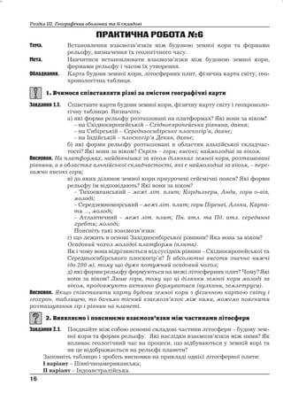 Розділ ІІІ. Географічна оболонка та її складові 
ПРАКТИЧНА РОБОТА№6 
Тема. Встановлення взаємозв’язків між будовою земної кори та формами 
рельєфу, визначення їх геологічного часу. 
Мета. Навчитися встановлювати взаємозв’язки між будовою земної кори, 
формами рельєфу і часом їх утворення. 
Обладнання. Карта будови земної кори, літосферних плит, фізична карта світу, гео- 
хронологічна таблиця. 
Завдання 1.1. Співставте карти будови земної кори, фізичну карту світу і геохроноло- 
гічну таблицю. Визначіть: 
а) які форми рельєфу розташовані на платформах? Які вони за віком? 
– на Східноєвропейській – Східноєвропейська рівнина, давня; 
– на Сибірській – Середньосибірське плоскогір’я, давнє; 
– на Індійській – плоскогір’я Декан, давнє; 
б) які форми рельєфу розташовані в областях альпійської складчас- 
тості? Які вони за віком? Скрізь – гори; високі; наймолодші за віком. 
Висновок. На платформах, найдавніших за віком ділянках земноїкори, розташовані 
рівнини, а в областях альпійськоїскладчастості, які є наймолодші за віком, – пере- 
важно високі гори; 
в) до яких ділянок земної кори приурочені сейсмічні пояси? Які форми 
рельєфу їм відповідають? Які вони за віком? 
– Тихоокеанський – межі літ. плит; Кордильєри, Анди, гори о-вів, 
молоді; 
– Середземноморський – межі літ. плит; гори Піренеї, Альпи, Карпа- 
ти ..., молоді; 
– Атлантичний – межі літ. плит; Пн. атл. та Пд. атл. серединні 
хребти; молоді; 
Поясніть такі взаємозв’язки: 
г) що лежить в основі Західносибірської рівнини? Яка вона за віком? 
Осадовий чохол молодої платформи (плита). 
Як і чому вона відрізняється від сусідніх рівнин – Східноєвропейської та 
Середньосибірського плоскогір’я? Їїабсолютні висоти значно нижчі 
(до 200 м), тому що дуже потужний осадовий чохол; 
д) які форми рельєфу формуються на межі літосферних плит? Чому? Які 
вони за віком? Лише гори, тому що ці ділянки земноїкори молоді за 
віком, продовжують активно формуватися (вулкани, землетруси). 
Висновок. Якщо співставити карту будови земноїкори з фізичною картою світу і 
геохрон. таблицею, то бачимо тісний взаємозв’язок між ними, можемо пояснити 
розташування гір і рівнин на планеті. 
Завдання 2.1. Поєднайте між собою основні складові частини літосфери – будову зем- 
ної кори та форми рельєфу. Які наслідки взаємозв’язків між ними? Як 
впливає геологічний час на процеси, що відбуваються у земній корі та 
як це відображається на рельєфі планети? 
Заповніть таблицю і зробіть висновки на прикладі однієї літосферної плити: 
І варіант – Північноамериканська; 
ІІ варіант – Індоавстралійська. 
16 
16 
 