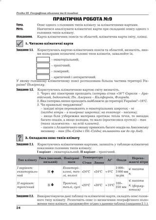 Розділ ІІІ. Географічна оболонка та її складові 
ПРАКТИЧНА РОБОТА№9 
Тема. Опис одного з головних типів клімату за кліматичними картами. 
Мета. Навчитися аналізувати кліматичні карти при складанні опису одного з 
головних типів клімату. 
Обладнання. Карта кліматичних поясів та областей, кліматична карта світу, олівці. 
Завдання 1.1. Користуючись картою кліматичних поясів та областей, визначіть, яки- 
ми кольорами позначені головні типи кліматів, замалюйте їх. 
– екваторіальний; 
– тропічний; 
– помірний; 
– арктичний і антарктичний. 
У якому головному кліматичному поясі розташована більша частина території Ук- 
раїни? Помірному. 
Завдання 1.2. Користуючись кліматичною картою світу визначіть. 
1. Через які півострови проходить ізотерма січня +16°? Євразія – Ара- 
війський, Індокитай; Пн. Америка – Каліфорнія, Флорида. 
2. Яка ізотерма липня проходить найближче до територіїУкраїни? 16С. 
3. Чи правильні твердження? 
– західні вітри переважають в екваторіальних широтах – ні 
(західні вітри – в помірних широтах; на екваторі – пасати); 
– якщо біля узбережжя материка протікає тепла течія, то випадає 
багато опадів, а якщо холодна, то мало (простяглися пустелі) – так 
(така залежність – на всій планеті). 
– пасати з Атлантичного океану приносять багато опадів на Амазонську 
низовину – так (Пн.-Східні і Пд.-Східні; впливають аж до гір Анд). 
Завдання 2.1. Користуючись кліматичними картами, запишіть у таблицю кліматичні 
показники головних типів клімату: 
І варіант – екваторіальний; ІІ варіант – тропічний. 
Тип клімату 
Тиск (високий, 
низький) 
Повітряні 
маси 
Температура 
Аt° Опади 
Перева- 
Січня Липня жаючі вітри 
І варіант: 
екваторіаль- 
ний 
Н  
Екваторі- 
альні, теп- 
лі, вологі 
+24С +24С 	  0 С 
2 000- 
3 000 мм 
за рік 
 пасати 
 
ІІ варіант: 
тропічний 
В  
Тропічні, 
теплі, сухі 
+20С +30С 	10С 
100- 
250 мм 
 пасати 
 (форму- 
ються) 
Завдання 2.2. Використовуючи дані таблиці та кліматичні карти, складіть опис голов- 
ного типу клімату. Розпочніть опис із визначення географічного поло- 
ження типу клімату, продовжуйте згідно з даними таблиці (завдання 2.1.). 
24 
24 
 