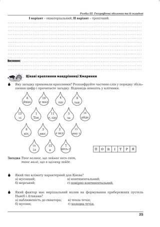 Розділ ІІІ. Географічна оболонка та її складові 
І варіант – екваторіальний; ІІ варіант – тропічний. 
. . . . . . . . . . . . . . . . . . . . . . . . . . . . . . . . . . . . . . . . . . . . . . . . . . . . . . . . . . . . . . . . . . . . . . . . . . . 
. . . . . . . . . . . . . . . . . . . . . . . . . . . . . . . . . . . . . . . . . . . . . . . . . . . . . . . . . . . . . . . . . . . . . . . . . . . 
. . . . . . . . . . . . . . . . . . . . . . . . . . . . . . . . . . . . . . . . . . . . . . . . . . . . . . . . . . . . . . . . . . . . . . . . . . . 
. . . . . . . . . . . . . . . . . . . . . . . . . . . . . . . . . . . . . . . . . . . . . . . . . . . . . . . . . . . . . . . . . . . . . . . . . . . 
. . . . . . . . . . . . . . . . . . . . . . . . . . . . . . . . . . . . . . . . . . . . . . . . . . . . . . . . . . . . . . . . . . . . . . . . . . . 
. . . . . . . . . . . . . . . . . . . . . . . . . . . . . . . . . . . . . . . . . . . . . . . . . . . . . . . . . . . . . . . . . . . . . . . . . . . 
. . . . . . . . . . . . . . . . . . . . . . . . . . . . . . . . . . . . . . . . . . . . . . . . . . . . . . . . . . . . . . . . . . . . . . . . . . . 
. . . . . . . . . . . . . . . . . . . . . . . . . . . . . . . . . . . . . . . . . . . . . . . . . . . . . . . . . . . . . . . . . . . . . . . . . . . 
. . . . . . . . . . . . . . . . . . . . . . . . . . . . . . . . . . . . . . . . . . . . . . . . . . . . . . . . . . . . . . . . . . . . . . . . . . . 
. . . . . . . . . . . . . . . . . . . . . . . . . . . . . . . . . . . . . . . . . . . . . . . . . . . . . . . . . . . . . . . . . . . . . . . . . . . 
Висновок: . . . . . . . . . . . . . . . . . . . . . . . . . . . . . . . . . . . . . . . . . . . . . . . . . . . . . . . . . . . . . . . . . . . 
. . . . . . . . . . . . . . . . . . . . . . . . . . . . . . . . . . . . . . . . . . . . . . . . . . . . . . . . . . . . . . . . . . . . . . . . . . . 
. . . . . . . . . . . . . . . . . . . . . . . . . . . . . . . . . . . . . . . . . . . . . . . . . . . . . . . . . . . . . . . . . . . . . . . . . . . 
 Яку загадку приховали краплинки? Розшифруйте частини слів у порядку збіль- 
шення цифр і прочитаєте загадку. Відповідь впишіть у клітинки. 
Загадка Таке велике, що займає весь світ, 
таке мале, що в щілину зайде. 
 Який тип клімату характерний для Києва? 
а) мусонний; в) континентальний; 
б) морський; г) помірно континентальний. 
 Який фактор має вирішальний вплив на формування прибережних пустель 
Наміб і Атакама? 
а) наближеність до екватора; в) тепла течія; 
б) мусони; г) холодна течія. 
25 
25 
П О В І Т Р Я 
 