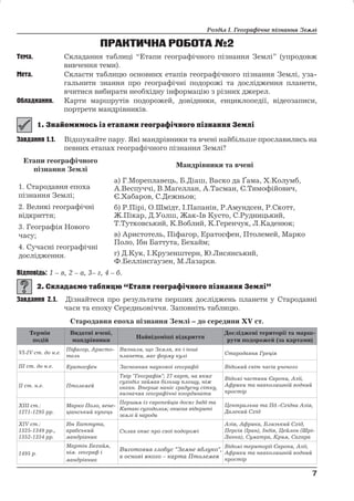 Розділ І. Географічне пізнання Землі 
ПРАКТИЧНА РОБОТА№2 
Тема. Складання таблиці “Етапи географічного пізнання Землі” (упродовж 
вивчення теми). 
Мета. Скласти таблицю основних етапів географічного пізнання Землі, уза- 
гальнити знання про географічні подорожі та дослідження планети, 
вчитися вибирати необхідну інформацію з різних джерел. 
Обладнання. Карти маршрутів подорожей, довідники, енциклопедії, відеозаписи, 
портрети мандрівників. 
Завдання 1.1. Відшукайте пару. Які мандрівники та вчені найбільше прославились на 
певних етапах географічного пізнання Землі? 
Етапи географічного 
пізнання Землі 
Мандрівники та вчені 
1. Стародавня епоха 
пізнання Землі; 
2. Великі географічні 
відкриття; 
3. Географія Нового 
часу; 
4. Сучасні географічні 
дослідження. 
а) Г.Мореплавець, Б.Діаш, Васко да Ґама, Х.Колумб, 
А.Веспуччі, В.Маґеллан, А.Тасман, Є.Тимофійович, 
Є.Хабаров, С.Дежньов; 
б) Р.Пірі, О.Шмідт, І.Папанін, Р.Амундсен, Р.Скотт, 
Ж.Пікар, Д.Уолш, Жак-Ів Кусто, С.Рудницький, 
Т.Тутковський, К.Воблий, К.Геренчук, Л.Каденюк; 
в) Аристотель, Піфагор, Ератосфен, Птолемей, Марко 
Поло, Ібн Баттута, Бехайм; 
г) Д.Кук, І.Крузенштерн, Ю.Лисянський, 
Ф.Беллінсґаузен, М.Лазарєв. 
Відповідь: 1 – в, 2 – а, 3– г, 4 – б. 
Завдання 2.1. Дізнайтеся про результати перших досліджень планети у Стародавні 
часи та епоху Середньовіччя. Заповніть таблицю. 
Стародавня епоха пізнання Землі – до середини ХV ст. 
Термін 
подій 
Видатні вчені, 
мандрівники Найвідоміші відкриття 
Досліджені території та марш- 
рути подорожей (за картами) 
VI-IV ст. до н.е. 
Піфагор, Аристо- 
тель 
Визнали, що Земля, як і інші 
планети, має форму кулі Стародавня Греція 
ІІІ ст. до н.е. Ератосфен Засновник наукової географії Відомий світ часів ученого 
ІІ ст. н.е. Птолемей 
Твір Географія; 27 карт, на яких 
суходіл займав більшу площу, ніж 
океан. Вперше наніс градусну сітку, 
визначив географічні координати 
Відомі частини Європи, Азії, 
Африки та навколишній водний 
простір 
ХІІІ ст.: 
1271-1295 рр. 
Марко Поло, вене- 
ціанський купець 
Першим із європейців досягІндіїт а 
Китаю суходолом; описав відкриті 
землі й народи 
Центральна та Пд.-Східна Азія, 
Далекий Схід 
ХІV ст.: 
1325-1349 рр., 
1352-1354 рр. 
Ібн Баттута, 
арабський 
мандрівник 
Склав опис про свої подорожі 
Азія, Африка, Близький Схід, 
Персія (Іран), Індія, Цейлон (Шрі- 
Ланка), Суматра, Крим, Сахара 
1495 р. 
Мартін Бехайм, 
нім. географ і 
мандрівник 
Виготовив глобус Земне яблуко, 
в основі якого – карта Птолемея 
Відомі території Європи, Азії, 
Африки та навколишній водний 
простір 
7 
7 
 