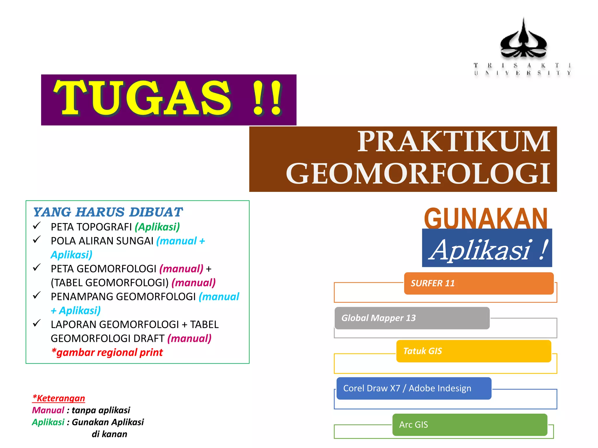 PRAKTIKUM
GEOMORFOLOGI
GUNAKAN
Aplikasi !
SURFER 11
Global Mapper 13
Tatuk GIS
Corel Draw X7 / Adobe Indesign
Arc GIS
YANG HARUS DIBUAT
 PETA TOPOGRAFI (Aplikasi)
 POLA ALIRAN SUNGAI (manual +
Aplikasi)
 PETA GEOMORFOLOGI (manual) +
(TABEL GEOMORFOLOGI) (manual)
 PENAMPANG GEOMORFOLOGI (manual
+ Aplikasi)
 LAPORAN GEOMORFOLOGI + TABEL
GEOMORFOLOGI DRAFT (manual)
*gambar regional print
*Keterangan
Manual : tanpa aplikasi
Aplikasi : Gunakan Aplikasi
di kanan
 