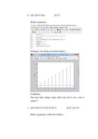 b. y[n]=2y[n-1]+u[n] y[-1]=1
Berikut programnya :
Selanjutnya kita debug, dan berikut hasilnya :
Pembahasan :
Dari hasil diatas didapat sinyal diskrit x|(n) dari 0 dan n dari 0
sampai 9
c. y[n]=0.5y[n-1]+0.1y[n-2]+u[n-1] ;y[-2]=1,y[-1]=0
Berikut programnya setelah kita ketikkan :
 