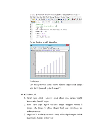 Berikut hasilnya setelah kita debug :
Pembahasan :
Dari hasil percobaan diatas didapat keluaran sinyal diskrit dengan
x|(n) dari 0 dan untuk n dari 0 sampai 9.
D. KESIMPULAN
1. Sinyal waktu diskrit (discrete time) adalah sinyal dengan variable
indenpenden bernilai integer.
2. Suatu sinyal dapat digeser waktunya dengan mengganti variable n
dengan n-k, dengan k adalah bilangan bulat yang menyatakan unit
waktu pergeseran.
3. Sinyal waktu kontinu (continuous time) adalah sinyal dengan variable
indenpenden bernilai nyata (real).
 